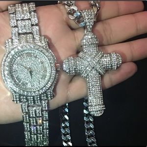 Silver Finished Watch&30 inch Cuban Chain&CROSS